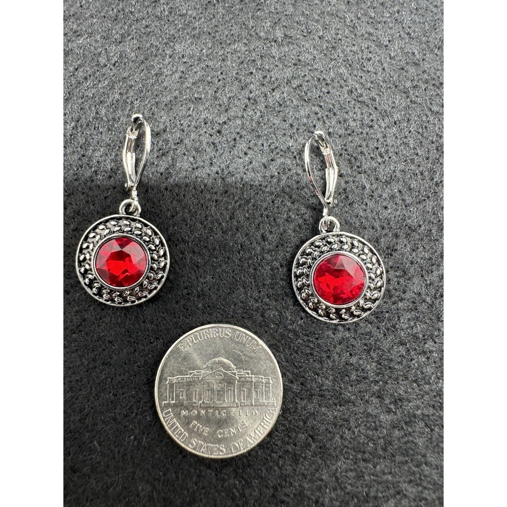 Silver Tone Leverback Dangle Earrings Red Round Crystal Bezel Set No Stone